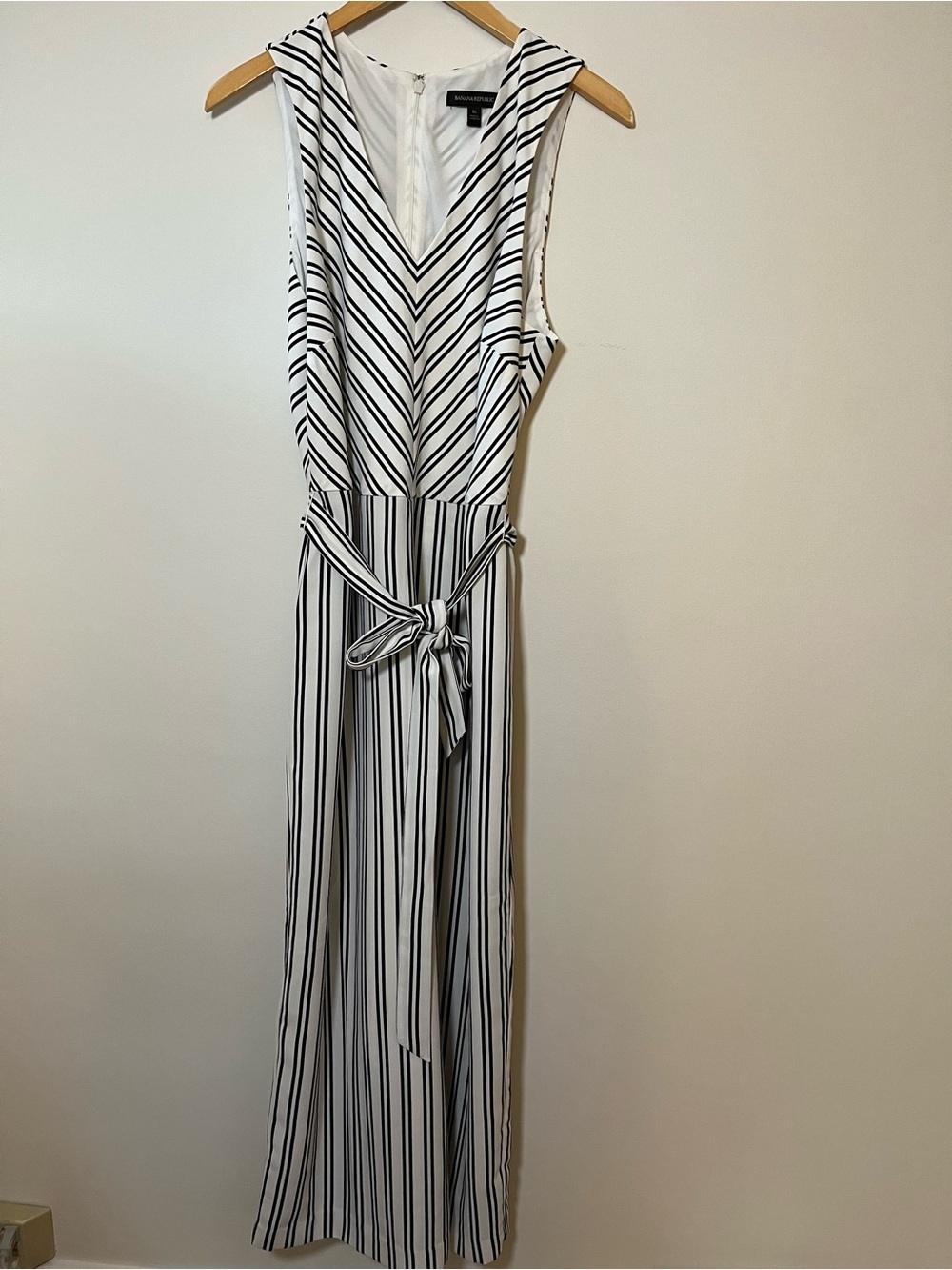 Banana Republic Black and White Striped Sleeveless Jumpsuit with Waist Tie